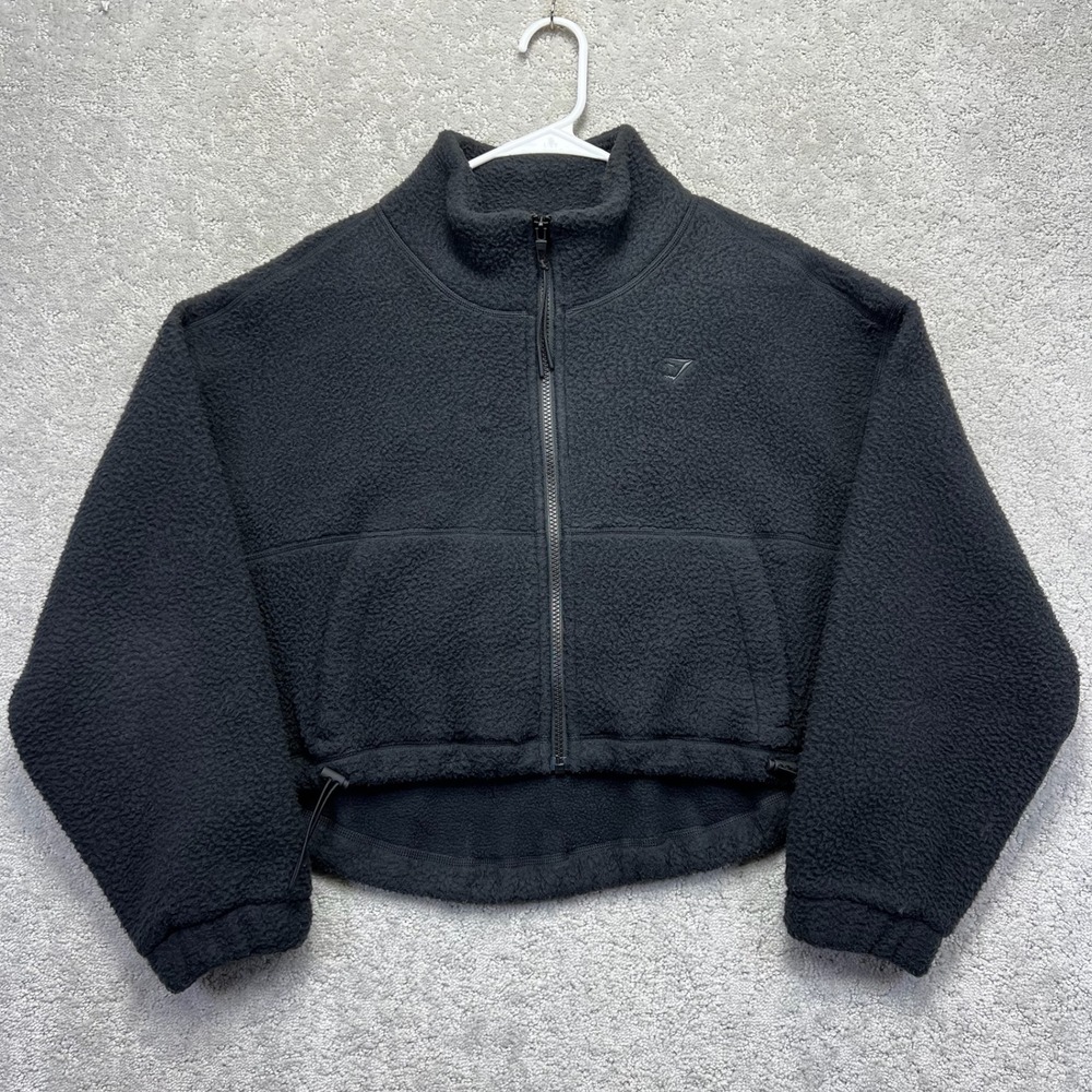 Gymshark Jacket Womens Small Black Sherpa Fleece Full Zip Oversized Cropped